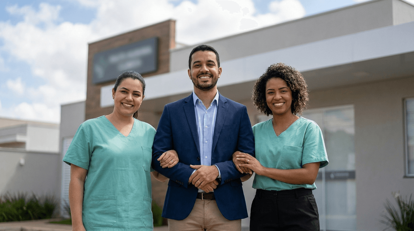 Grupo de três profissionais da mesma categoria sorrindo juntos, representando o plano de saúde por adesão