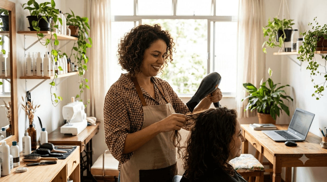 Microempreendedora individual atendendo uma cliente em seu próprio negócio, representando o plano de saúde para MEI