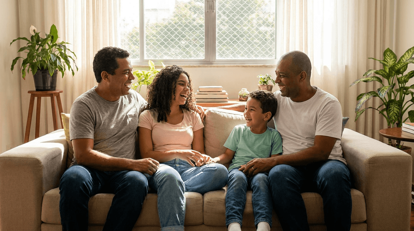 Família brasileira sorrindo e reunida no sofá de casa, representando o plano de saúde familiar