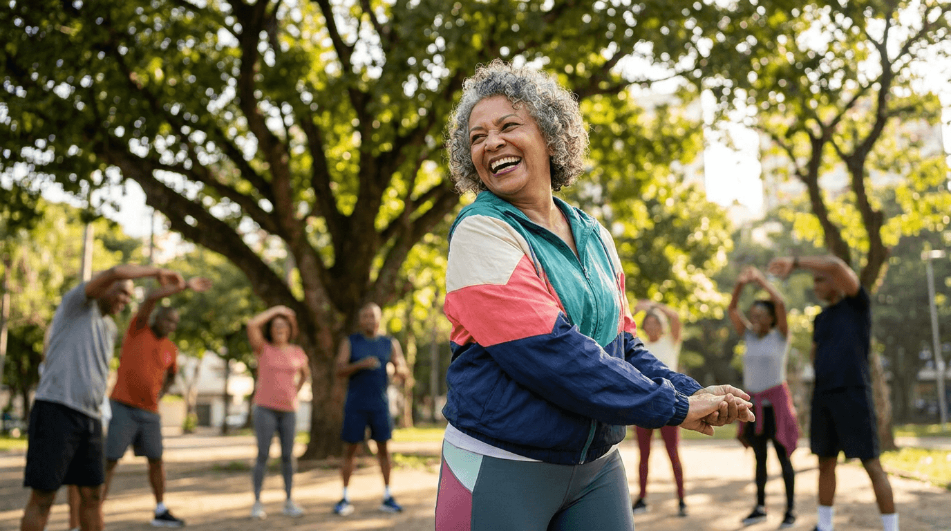 Mulher sênior sorrindo e ativa ao ar livre, representando o plano de saúde para a terceira idade