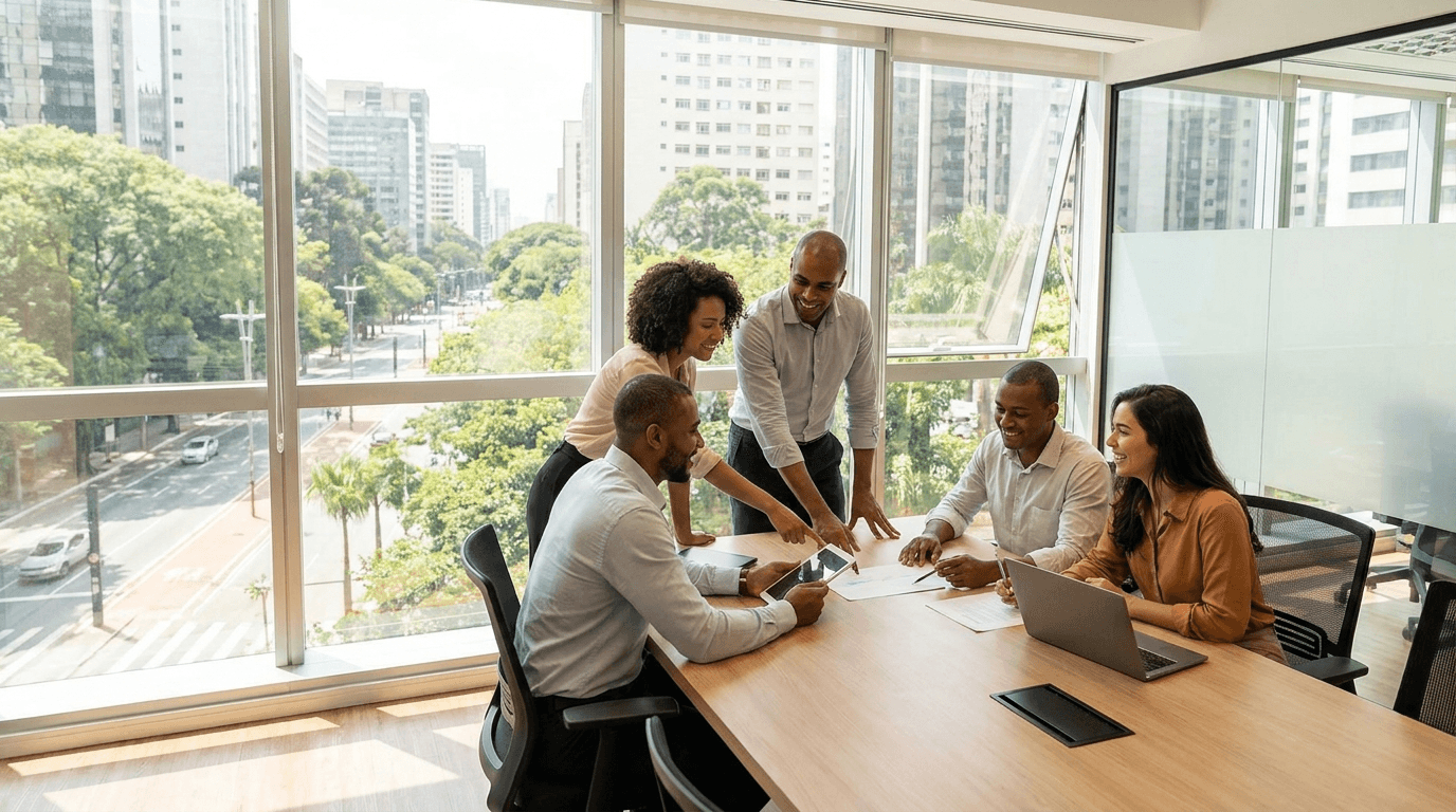 Equipe de profissionais reunida em um escritório moderno, representando o plano de saúde empresarial