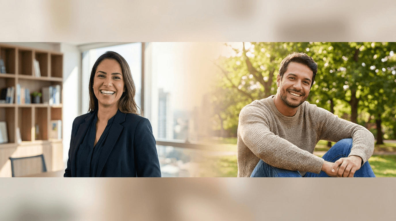 Duas pessoas sorrindo, uma em ambiente profissional e outra em ambiente casual, representando quem pode contratar um plano de saúde individual